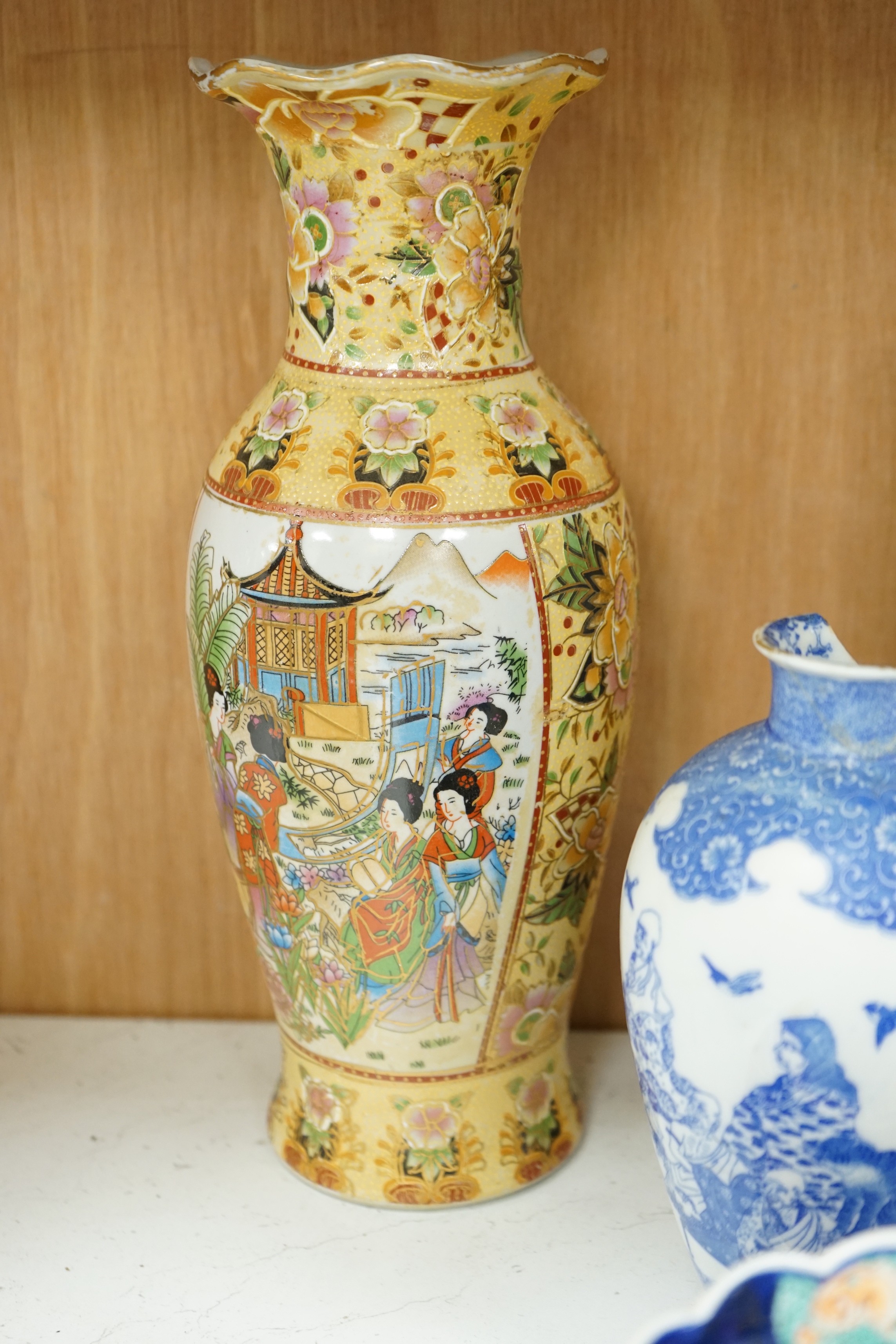 A group of Japanese ceramics to include Imari dishes a Seto ware blue and white vase etc. tallest 30cm